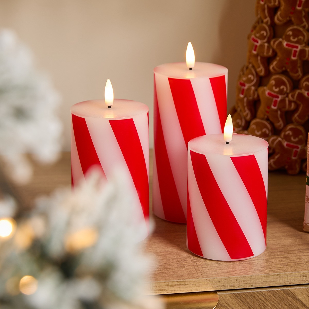OHS 3 Pack Candy Stripe Print LED Candles - Red/White>