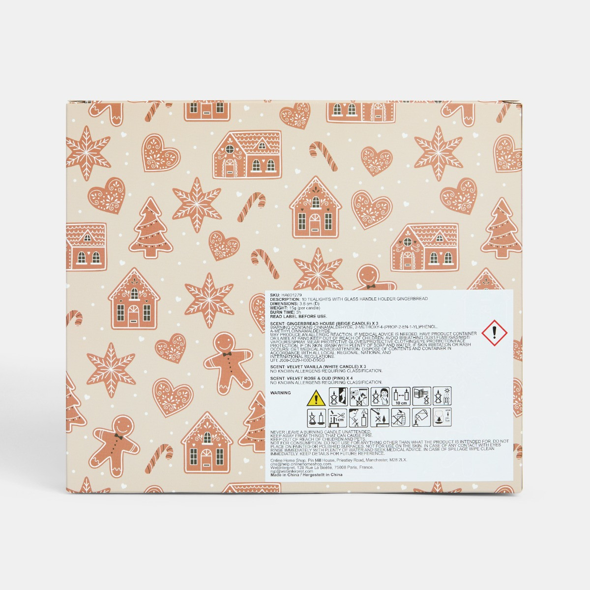 OHS 10 Gingerbread Man Print Assorted Scented Tealights with Glass Handle Holder - Natural>