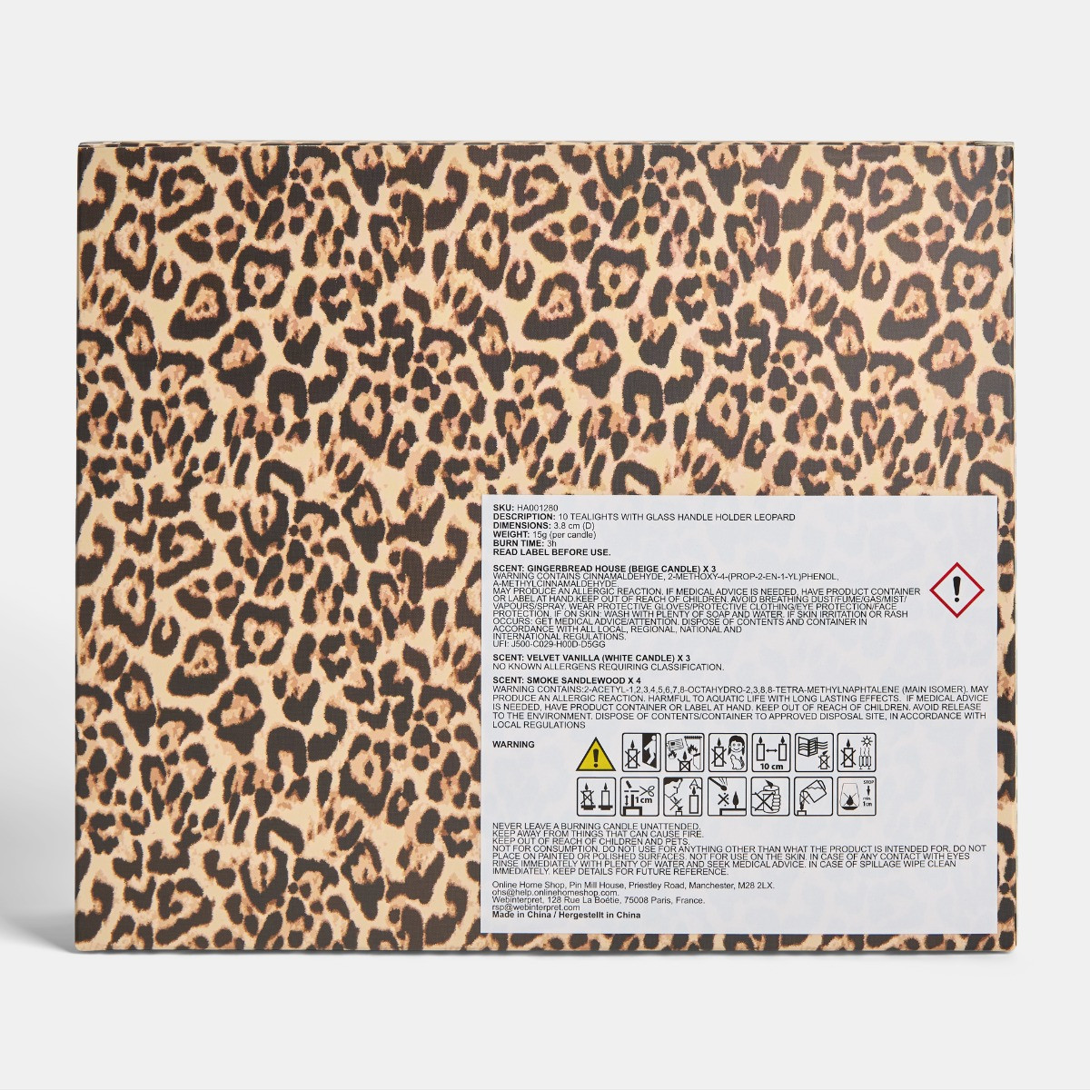 OHS 10 Leopard Print Assorted Scented Tealights with Glass Handle Holder - Natural>