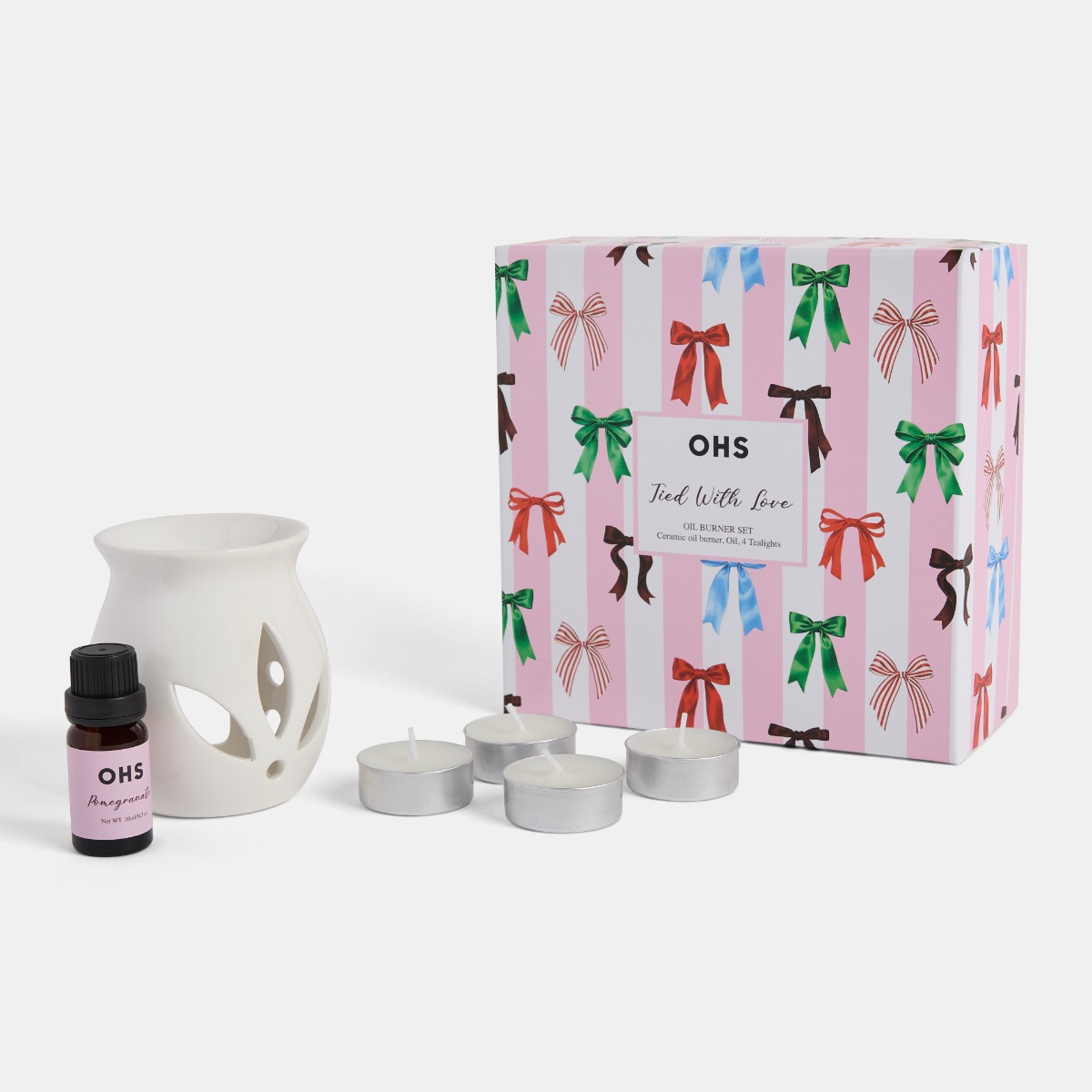 OHS Bow Print Ceramic Oil Burner, 10ml Oil & 4 Tealights Set - Multi>