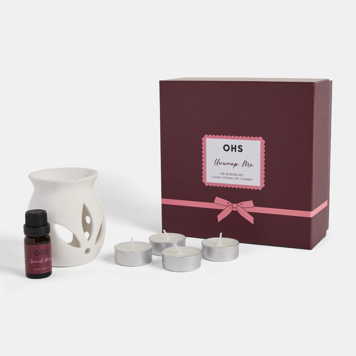 OHS Unwrap Me Ceramic Oil Burner, 10ml Oil & 4 Tealights Set - Burgundy>