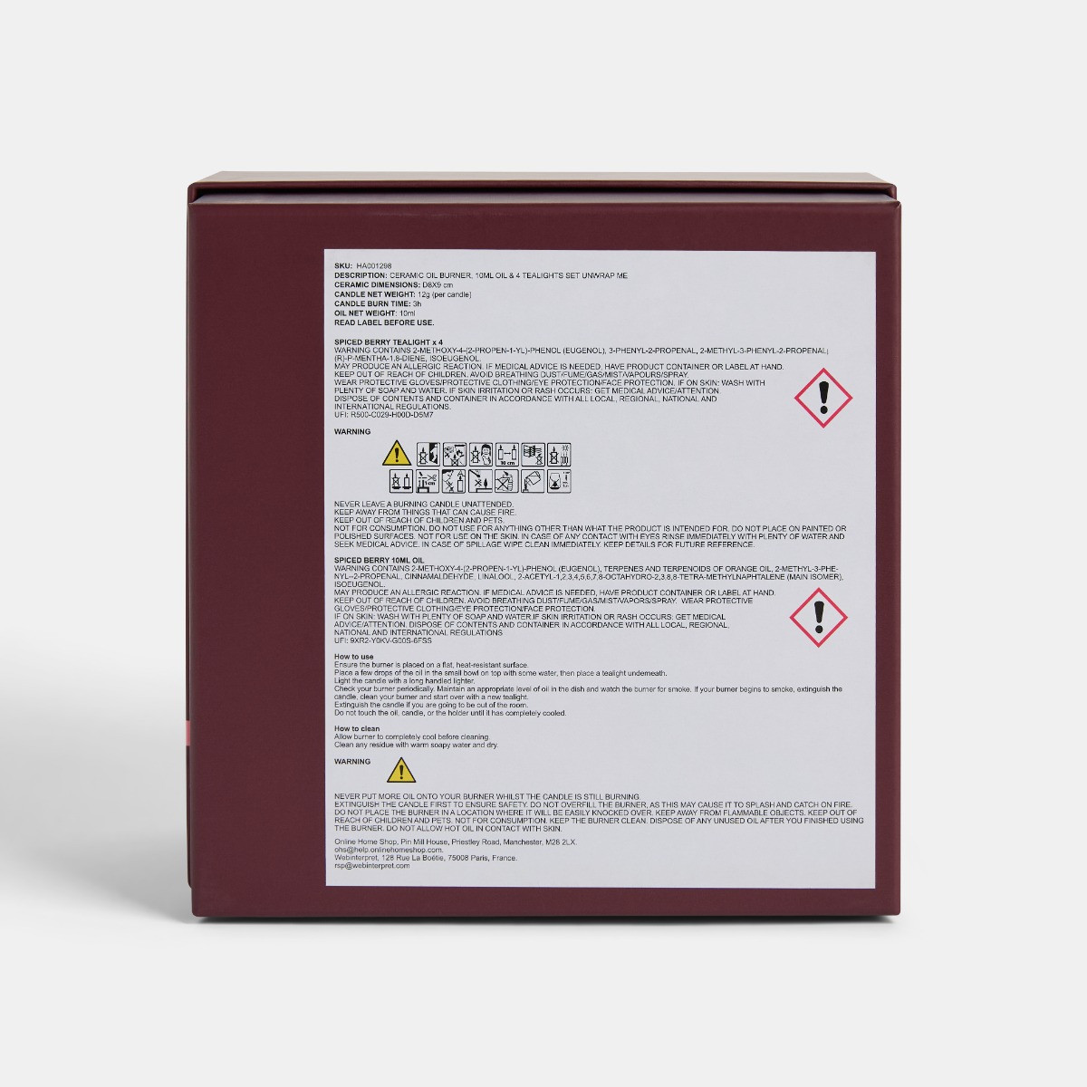 OHS Unwrap Me Ceramic Oil Burner, 10ml Oil & 4 Tealights Set - Burgundy>