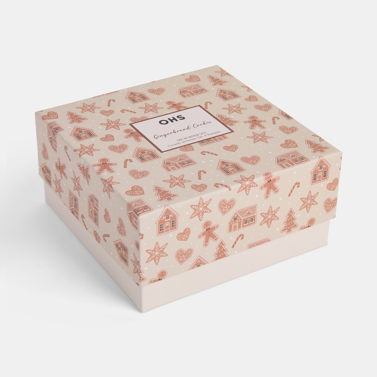 OHS Ceramic Oil Burner, 10ml Oil & 4 Tealights Set, Gingerbread Print - Natural>