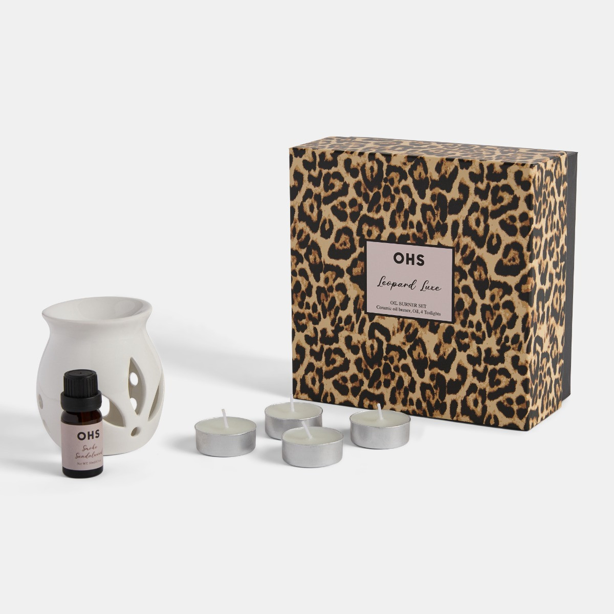 OHS Leopard Print Ceramic Oil Burner, 10ml Oil & 4 Tealights Set - Natural>