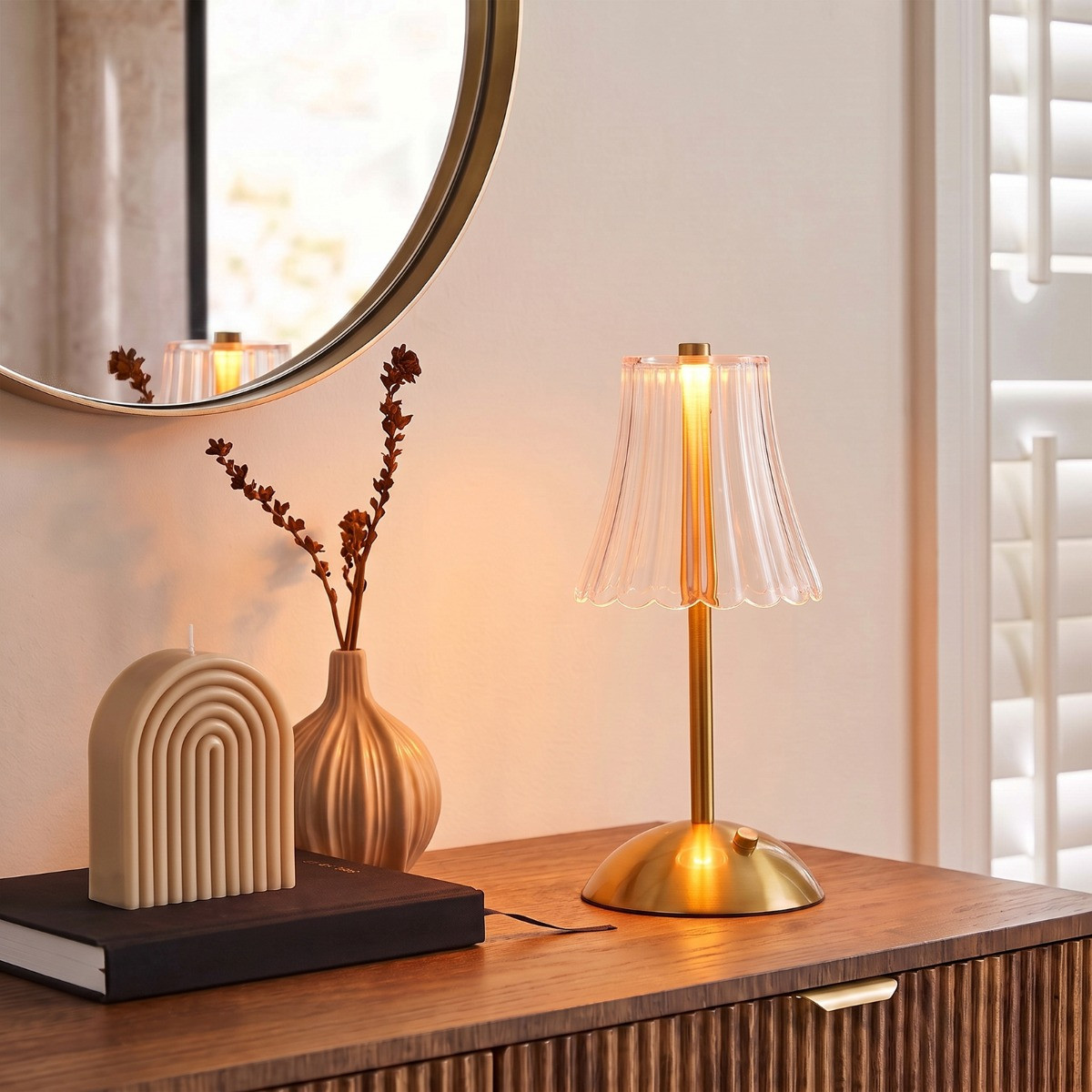 OHS Rechargeable Lamp with Clear Flute Shade - Gold>