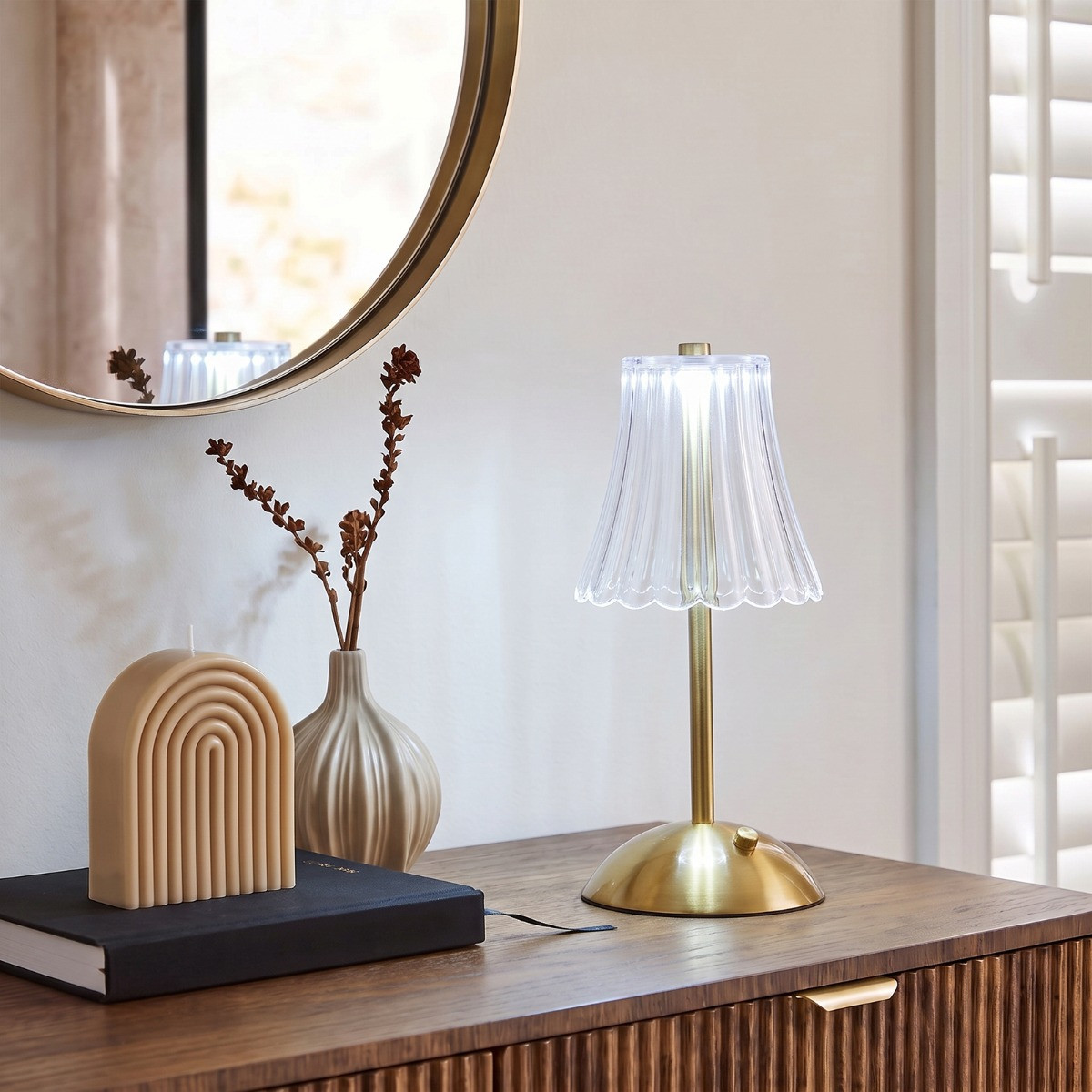 OHS Rechargeable Lamp with Clear Flute Shade - Gold>