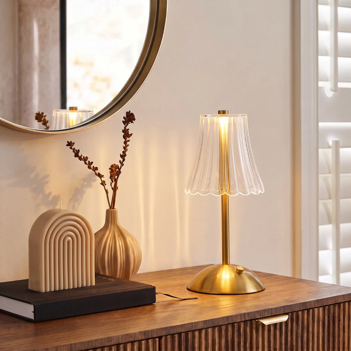 OHS Rechargeable Lamp with Clear Flute Shade - Gold>