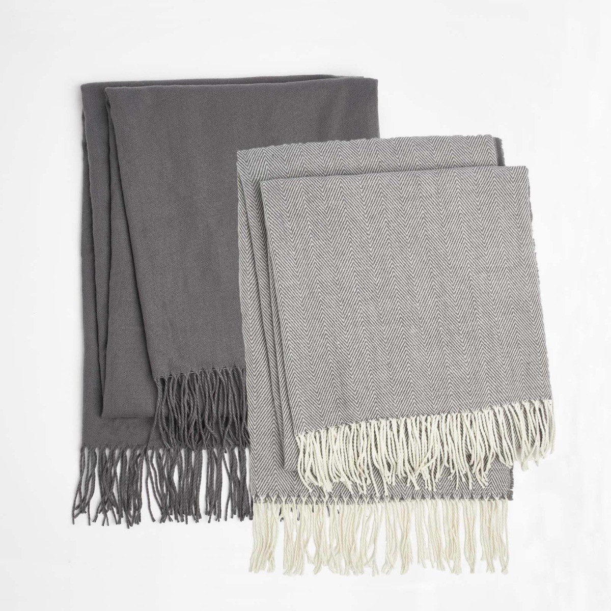 OHS 2 Pack Acrylic Throw, Plain/Chevron - Charcoal>