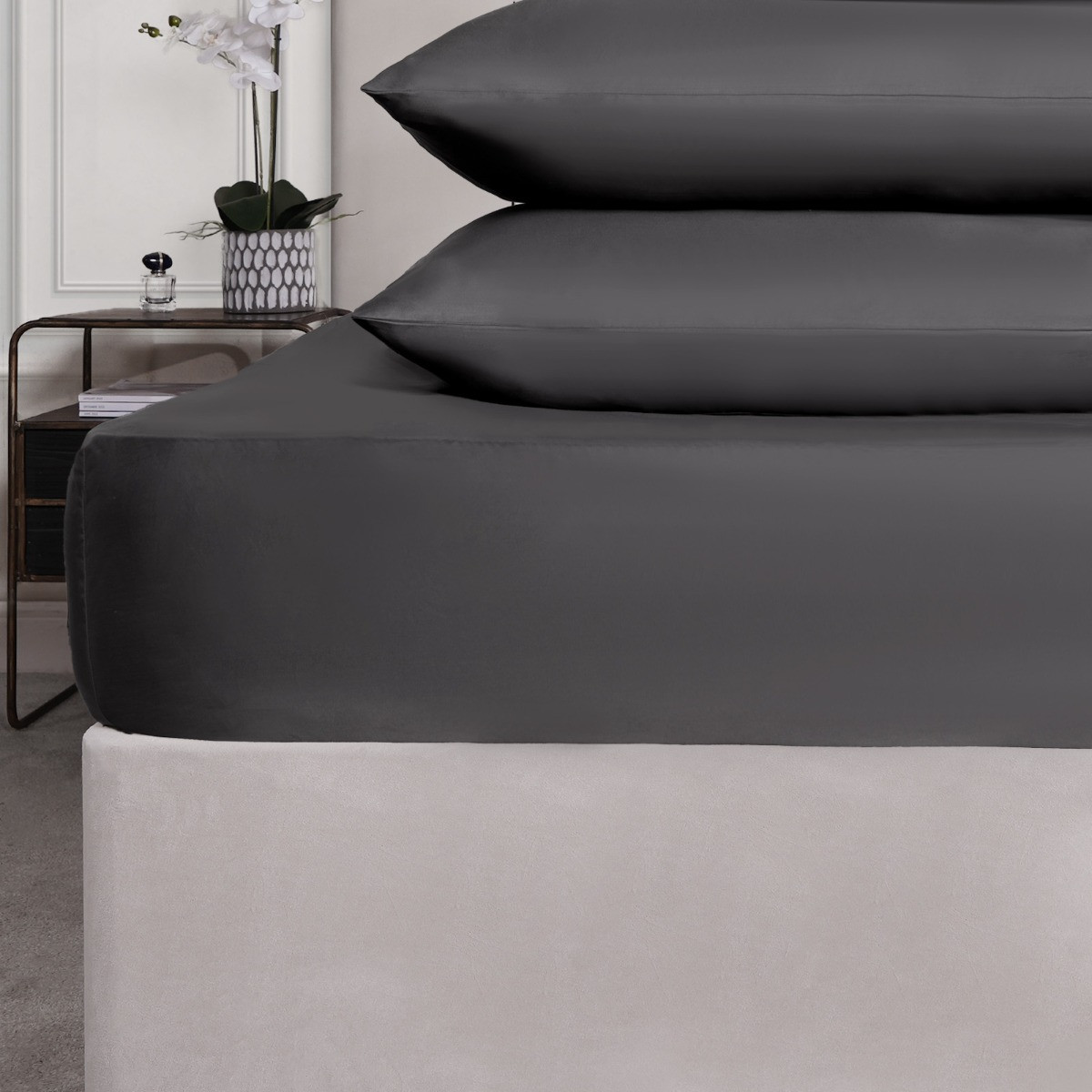 Highams Luxe 400 Thread Count 100% Cotton Sateen Fitted Sheet - Charcoal>