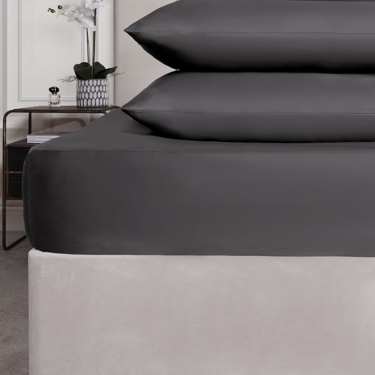 OHS Luxe 400 Thread Count 100% Cotton Sateen Fitted Sheet, Charcoal - Single>
