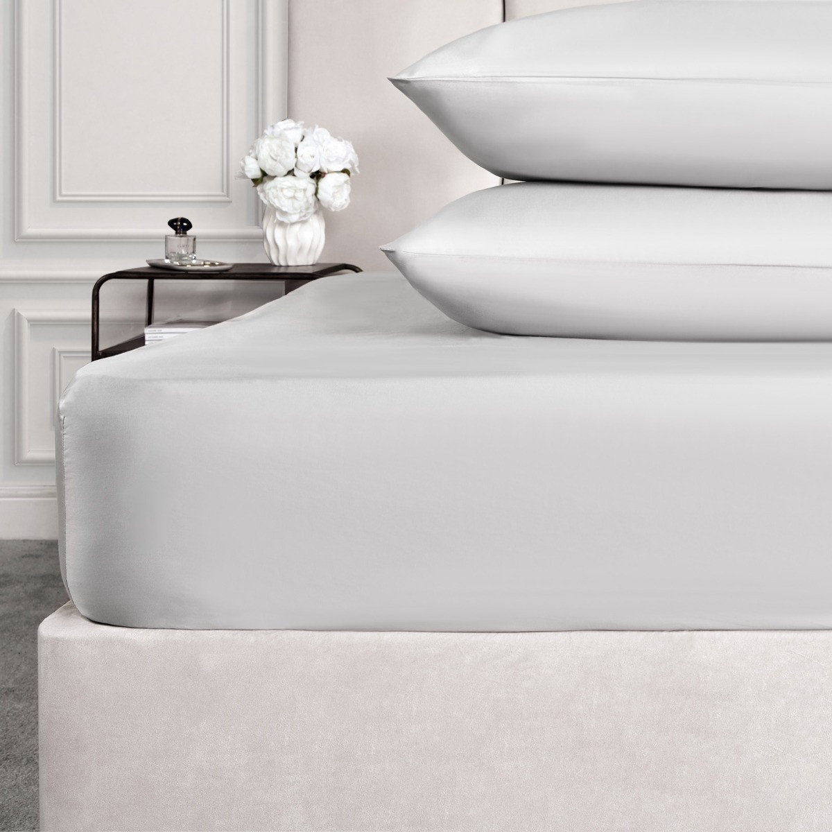 Highams Luxe 400 Thread Count 100% Cotton Sateen Fitted Sheet - Silver>