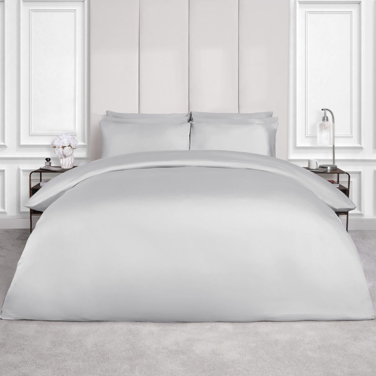 OHS Luxe 400 Thread Count 100% Cotton Sateen Duvet Set, Silver - Single>
