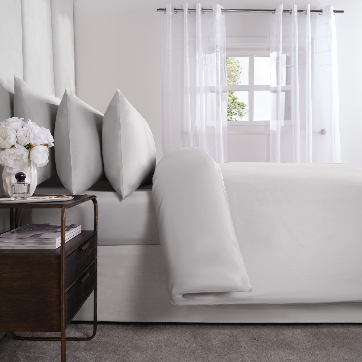 OHS Luxe 220 Thread Count 100% Cotton Sateen Duvet Set, Silver - Single>