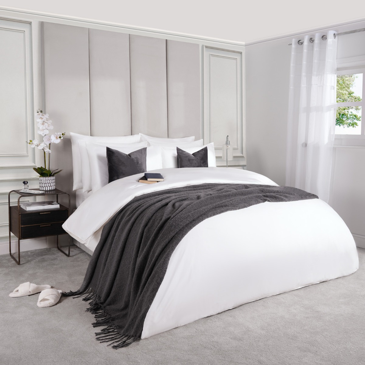 OHS Luxe 400 Thread Count 100% Cotton Sateen Duvet Set, White - Double>