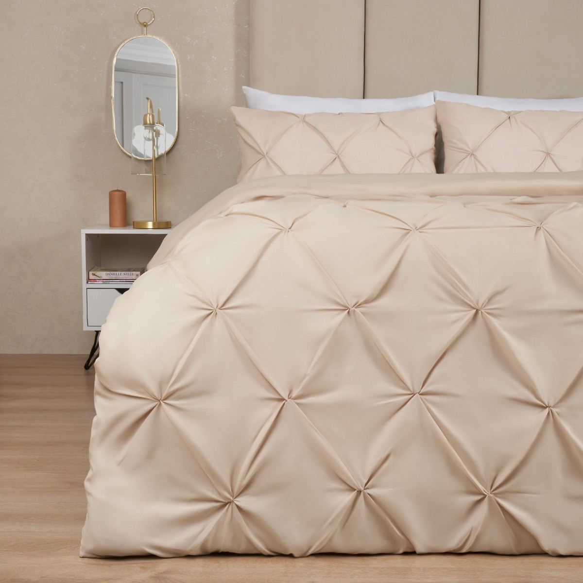 OHS Diamond Pintuck Pinch Pleat Duvet Cover Set - Beige>