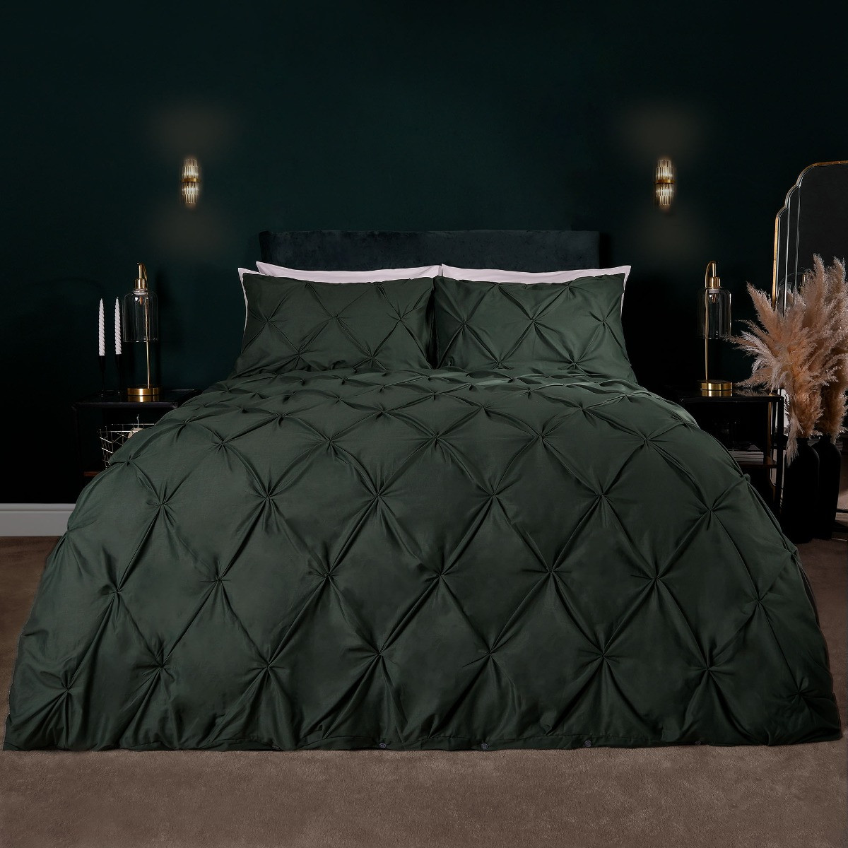 OHS Diamond Pintuck Pinch Pleat Duvet Cover Set - Forest Green>