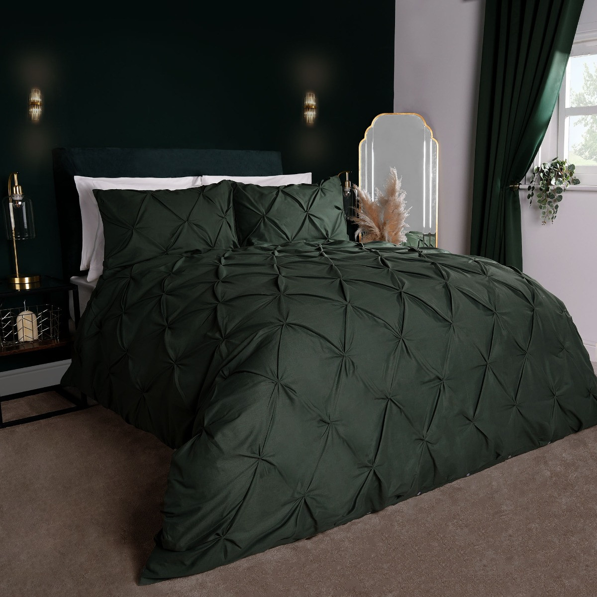 OHS Diamond Pintuck Pinch Pleat Duvet Cover Set - Forest Green>
