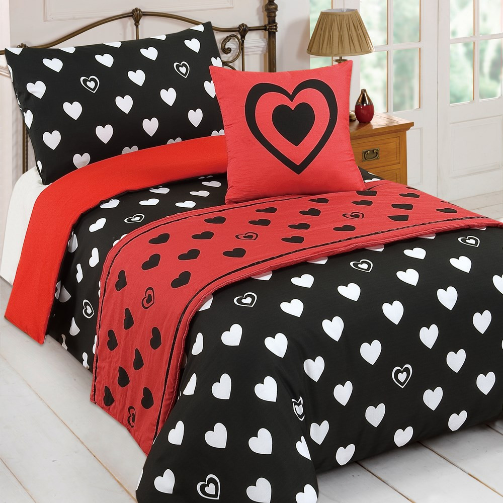 OHS Heart of Hearts Bed in a Bag Bedding Set - Red/Black, Single>