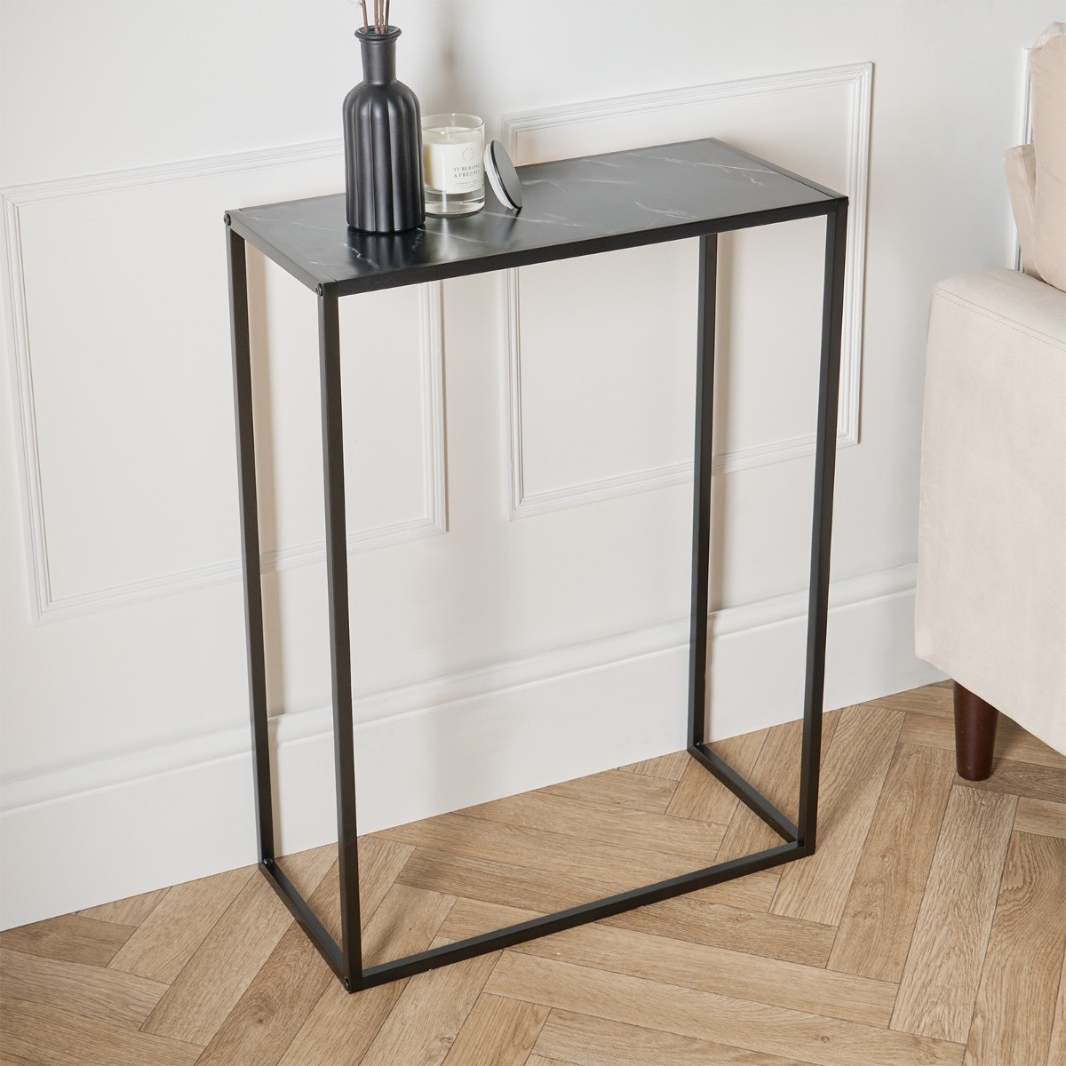 OHS Manhattan Marble Effect Rectangle Console Table - Black>