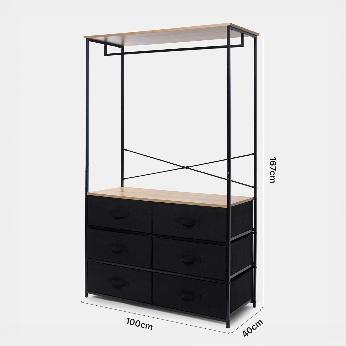 OHS Brooklyn 6 Drawer Fabric Cabinet with Hanging Rail - Black>