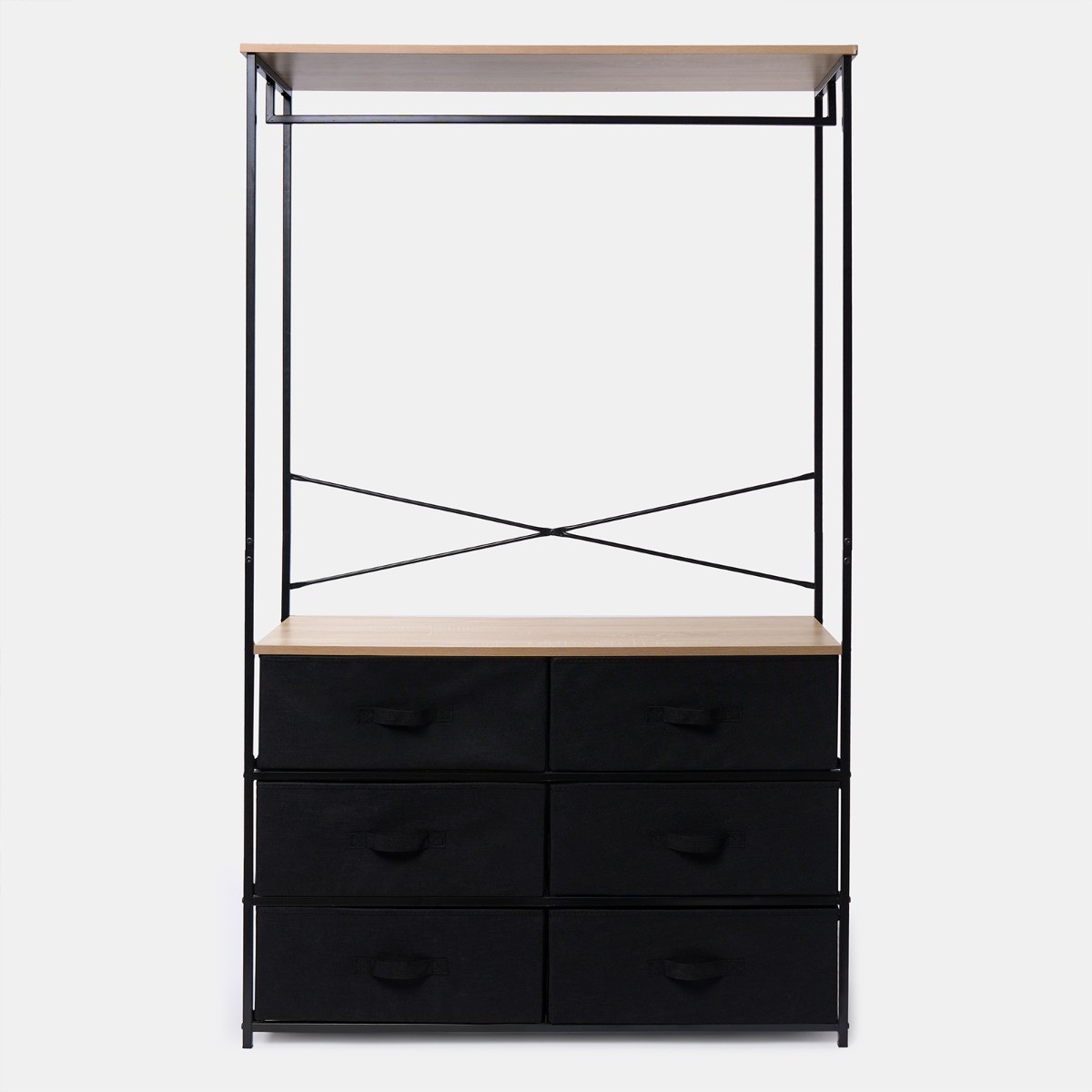 OHS Brooklyn 6 Drawer Fabric Cabinet with Hanging Rail - Black>