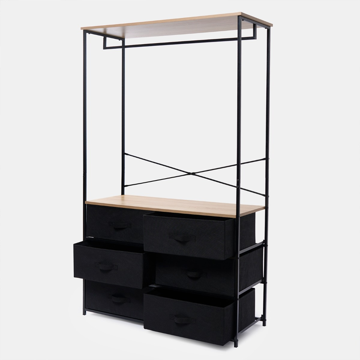 OHS Brooklyn 6 Drawer Fabric Cabinet with Hanging Rail - Black>