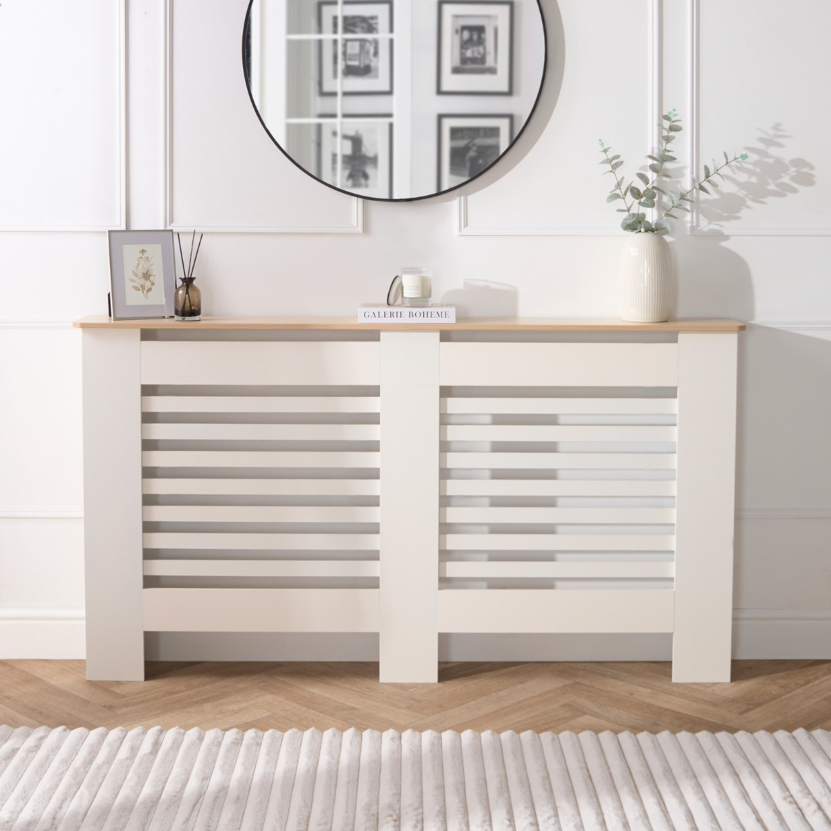 OHS Large Wooden Radiator Cover with Oak Look Top - Cream>