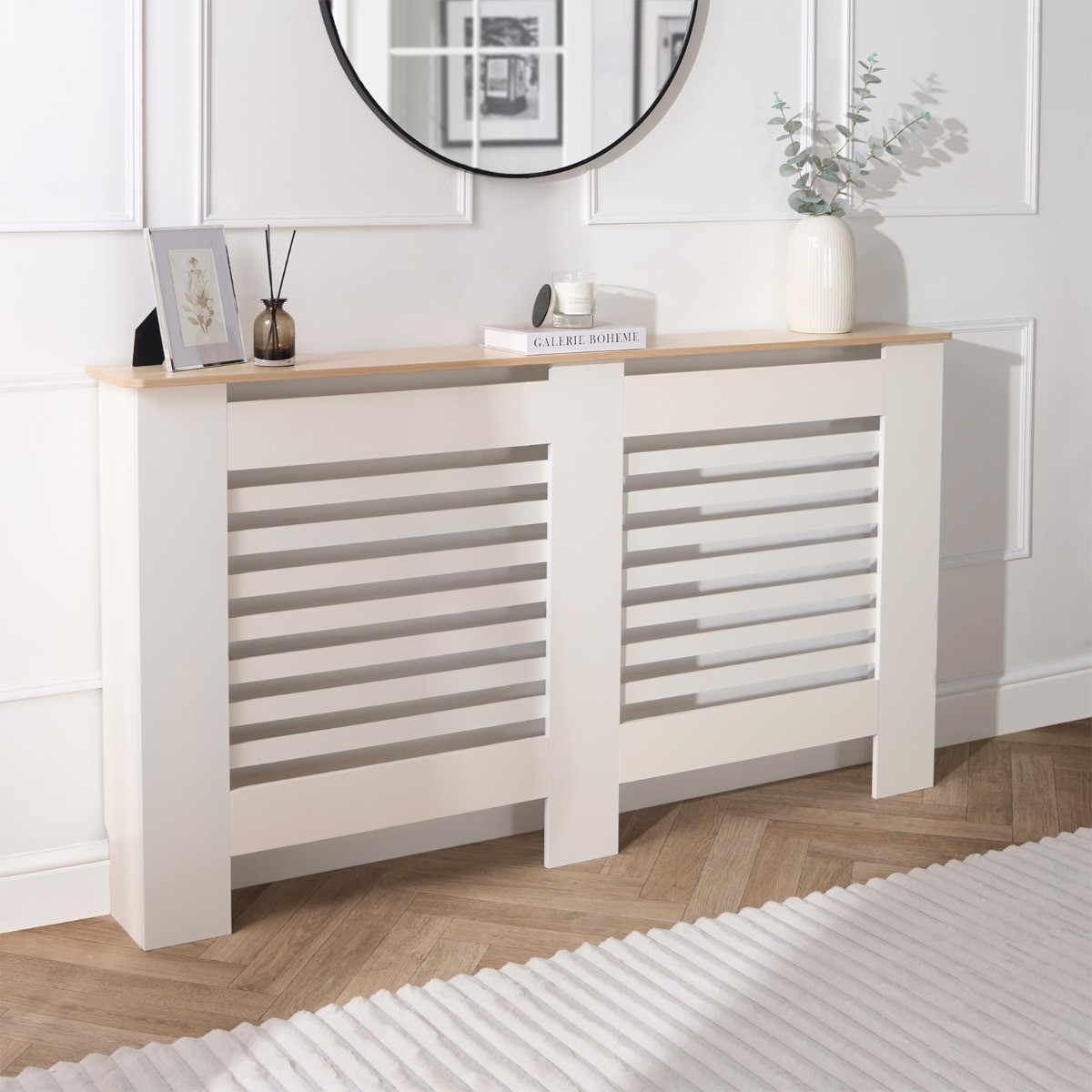OHS Large Wooden Radiator Cover with Oak Look Top - Cream>