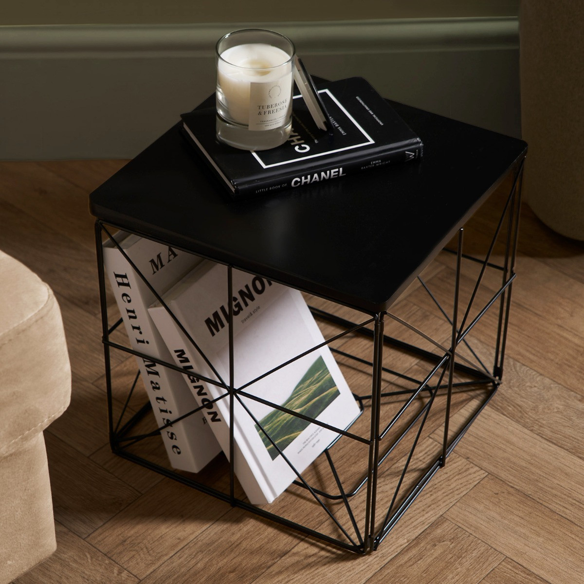 OHS Manhattan Storage Basket Side Table - Black>