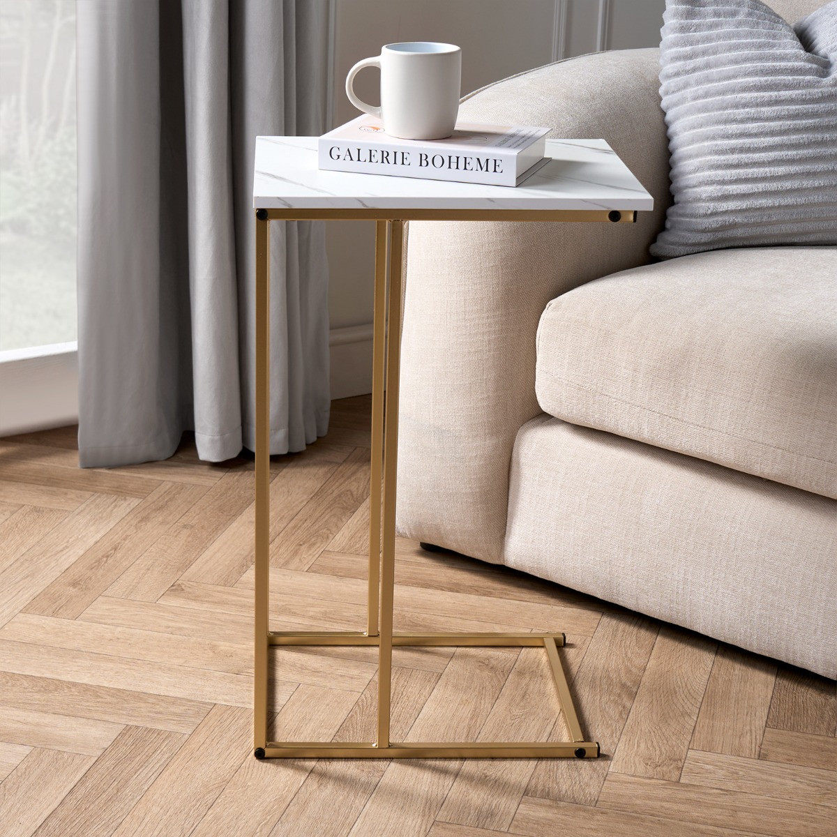 OHS C Shape Marble Effect Side Table - Gold/White>
