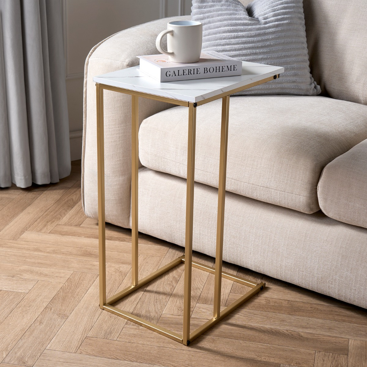 OHS C Shape Marble Effect Side Table - Gold/White>