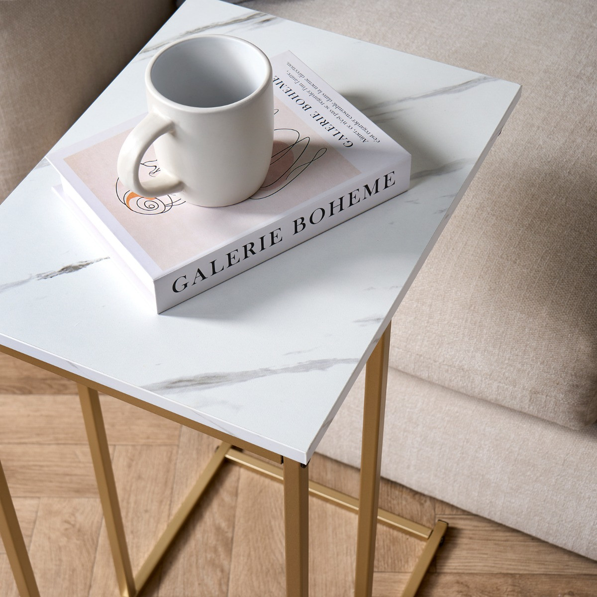 OHS C Shape Marble Effect Side Table - Gold/White>