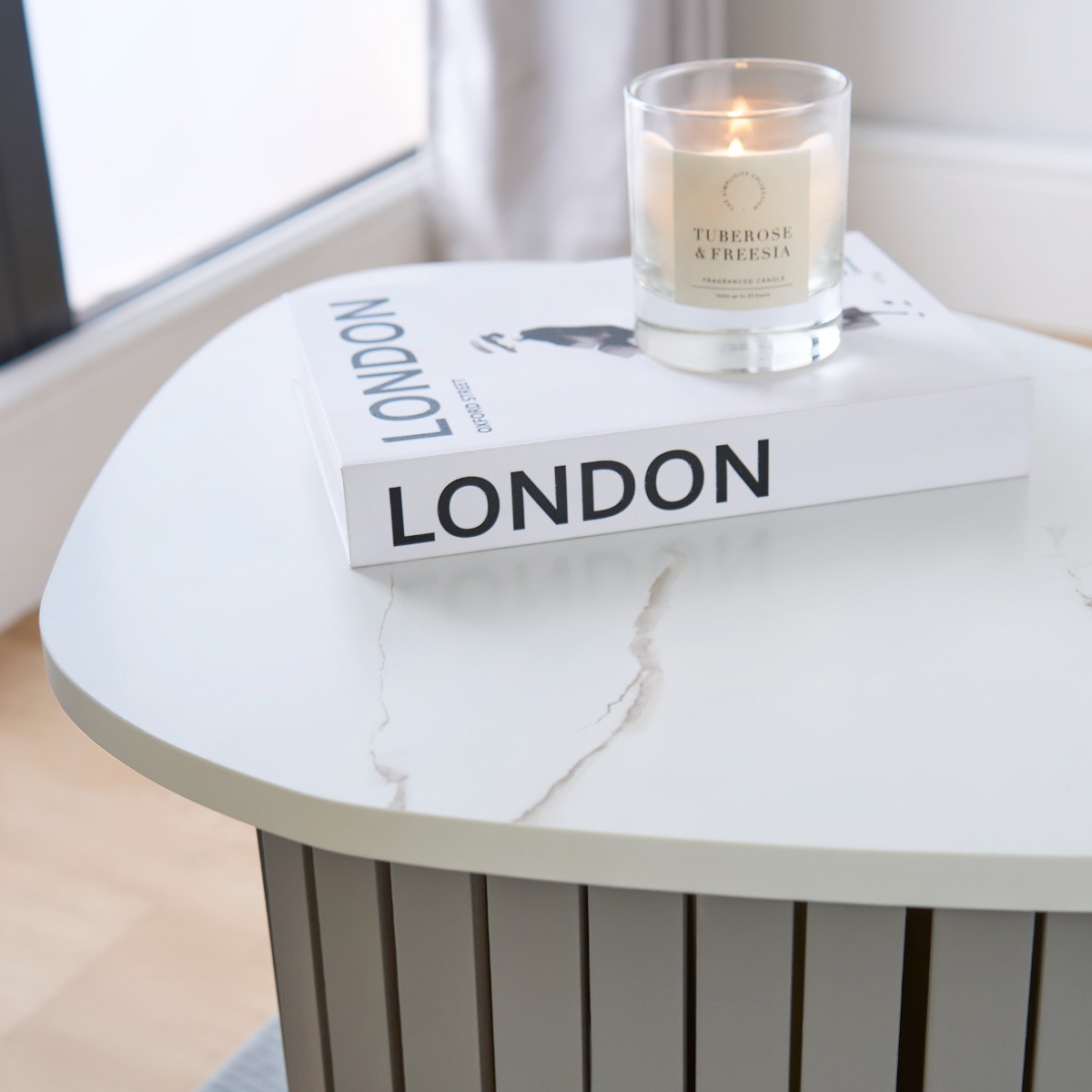 OHS Madison Marble Effect Ribbed Side Table - Grey/White>