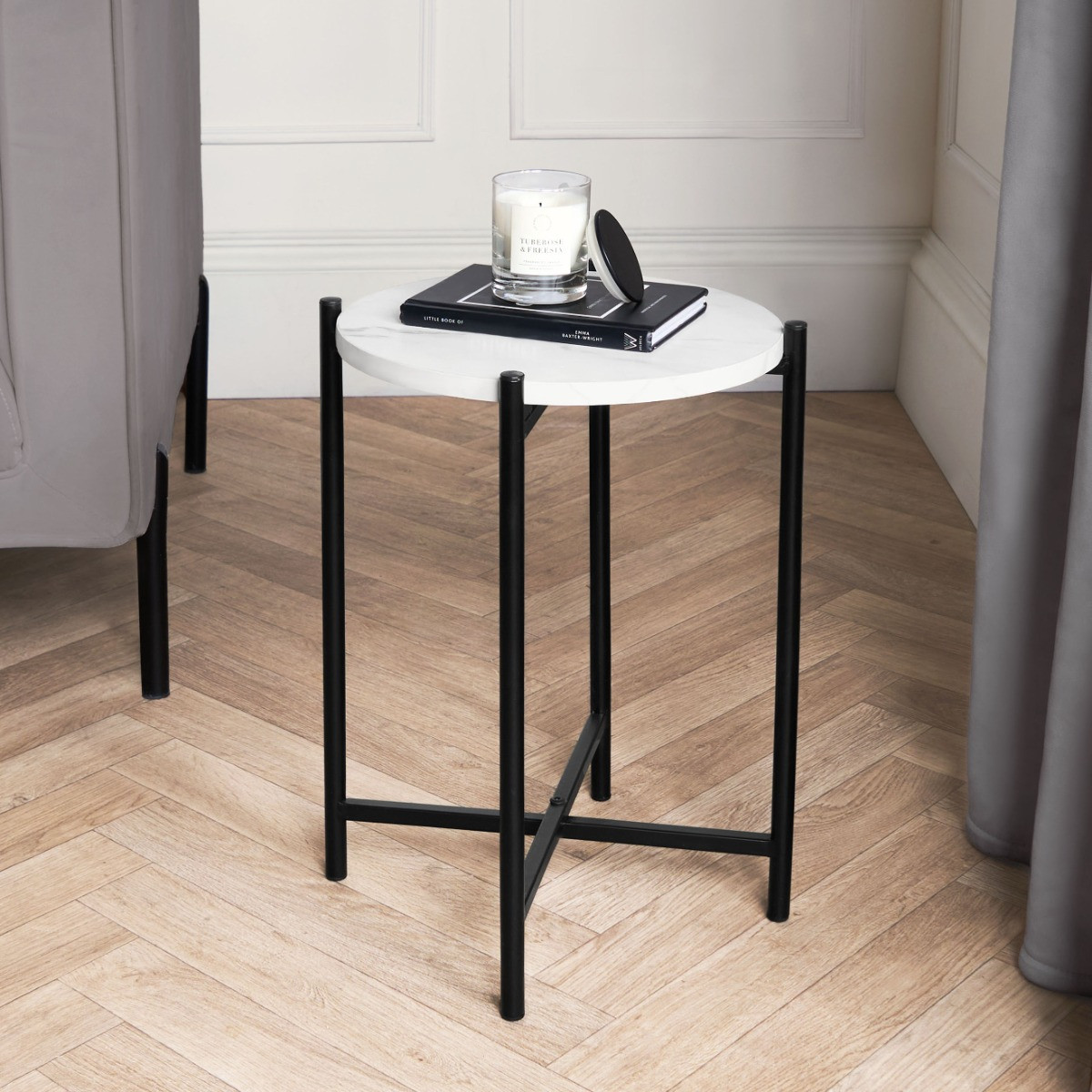 OHS Marble Effect Round Side Table - White>