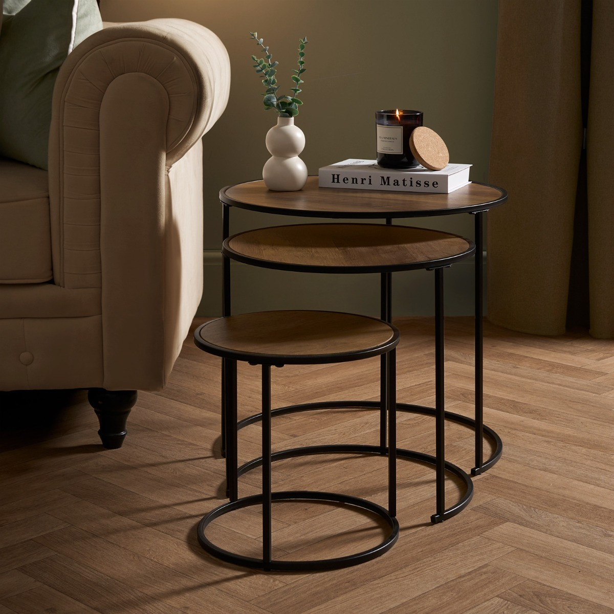 OHS Manhattan Nest of 3 Round Side Tables - Dark Wood>