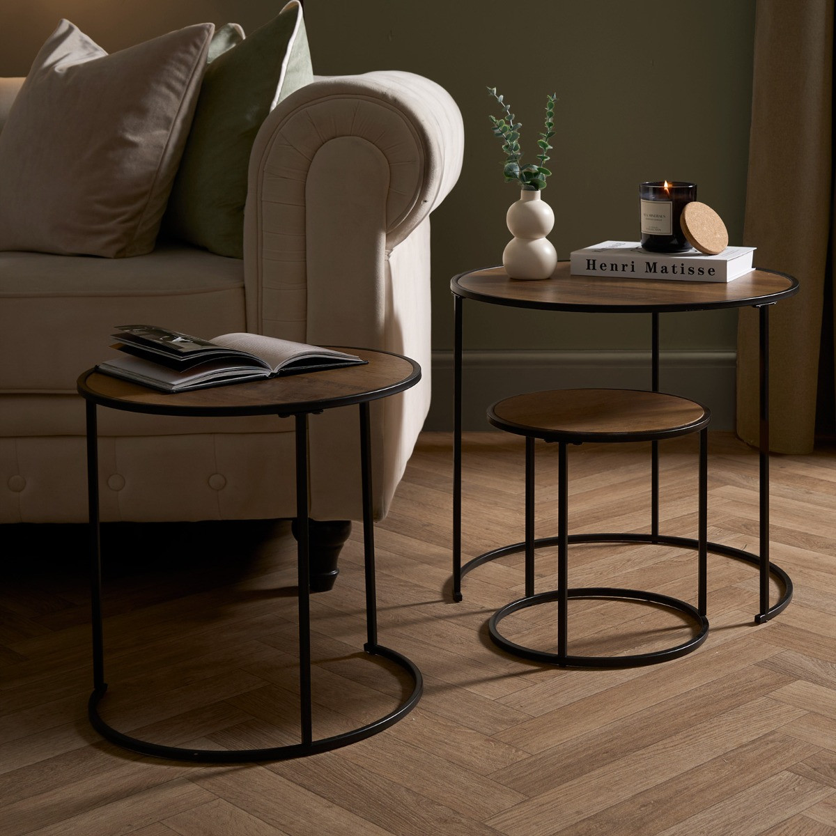 OHS Manhattan Nest of 3 Round Side Tables - Dark Wood>