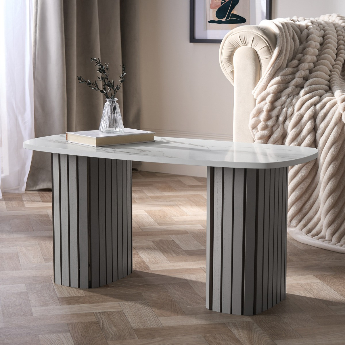 OHS Madison Marble Effect Ribbed Coffee Table - Grey/White>