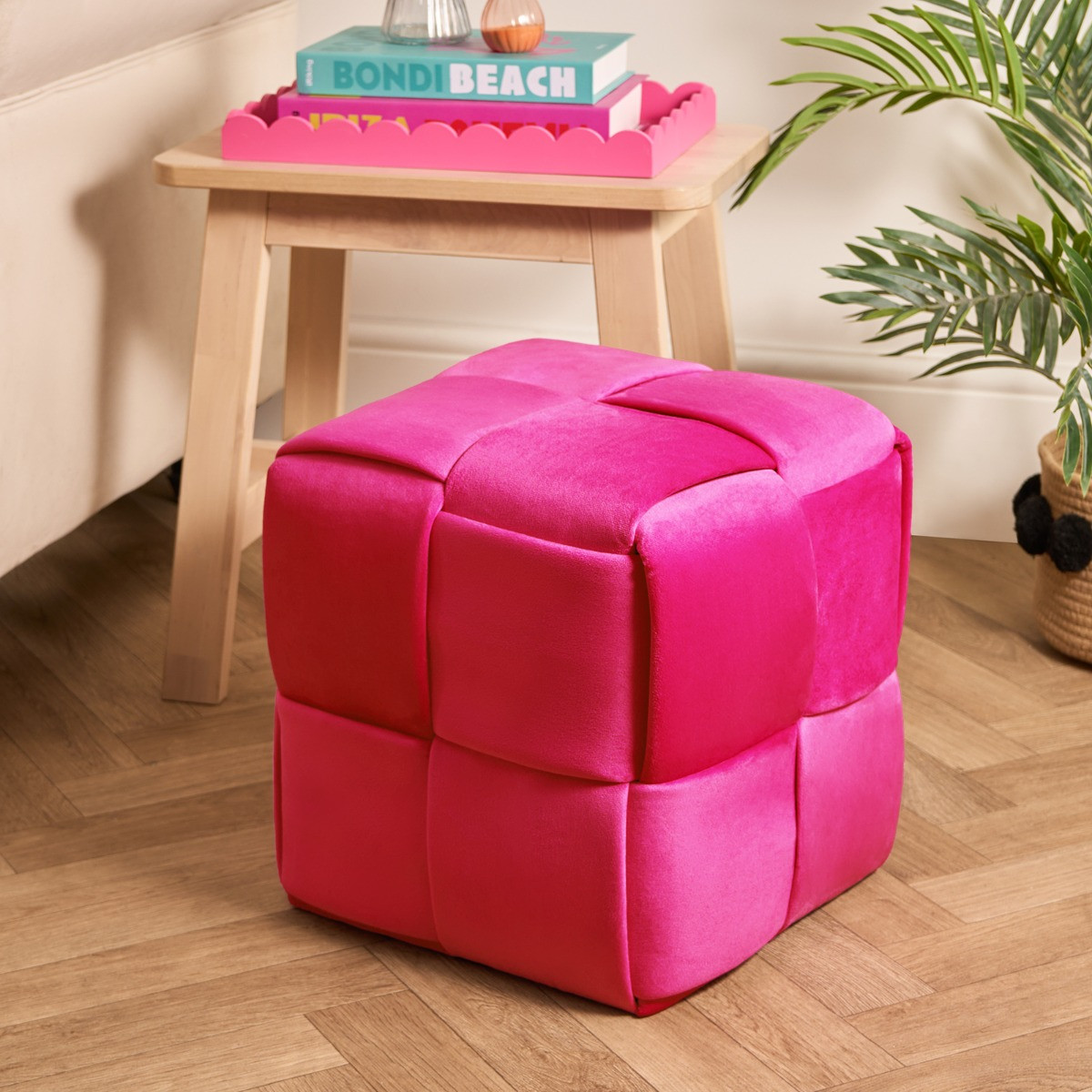 OHS Matte Velvet Footstool - Hot Pink>