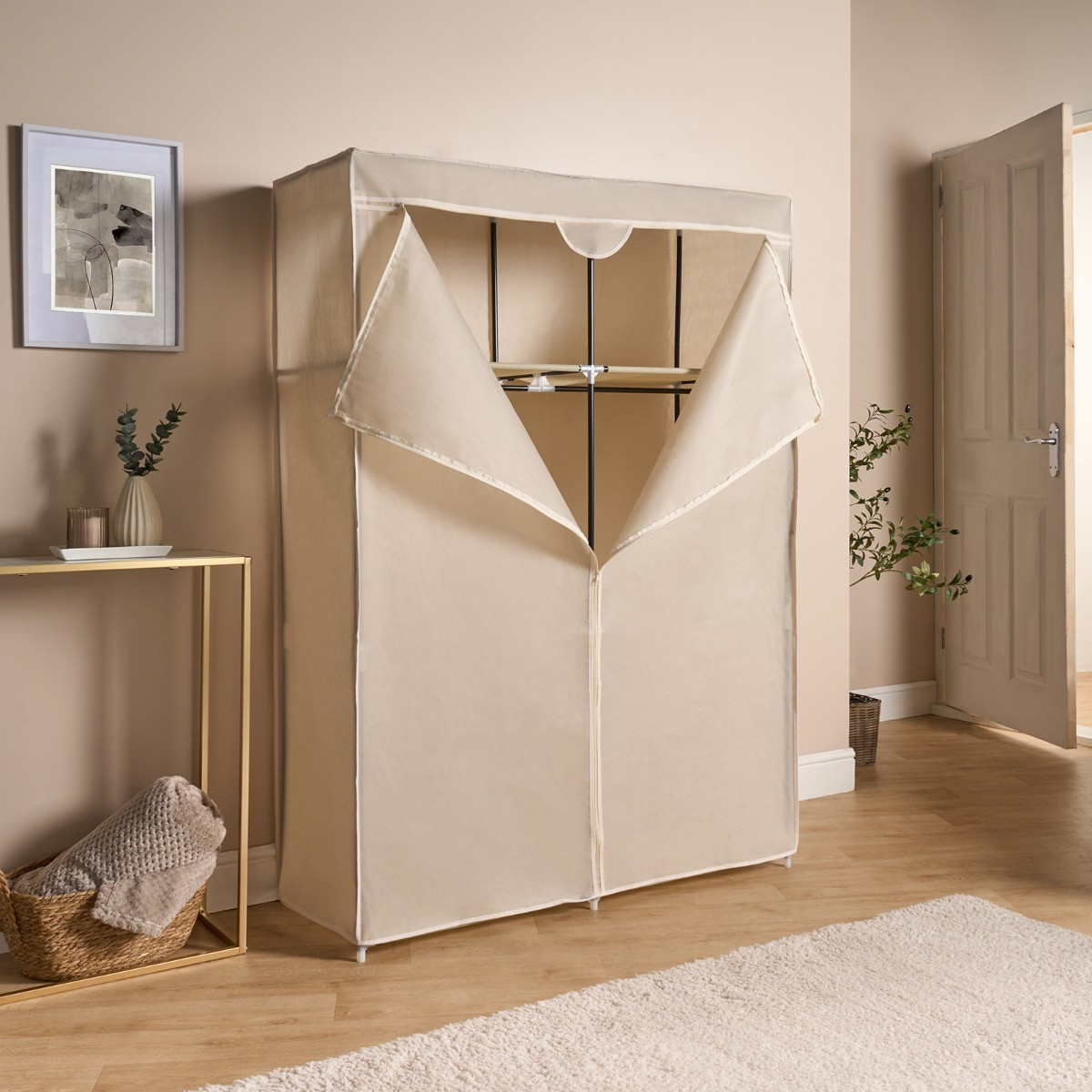 OHS Boston Zip Closure Fabric Double Wardrobe - Beige>