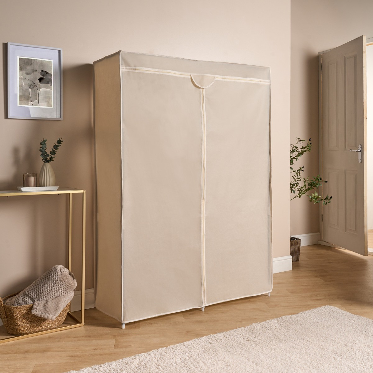 OHS Boston Zip Closure Fabric Double Wardrobe - Beige>
