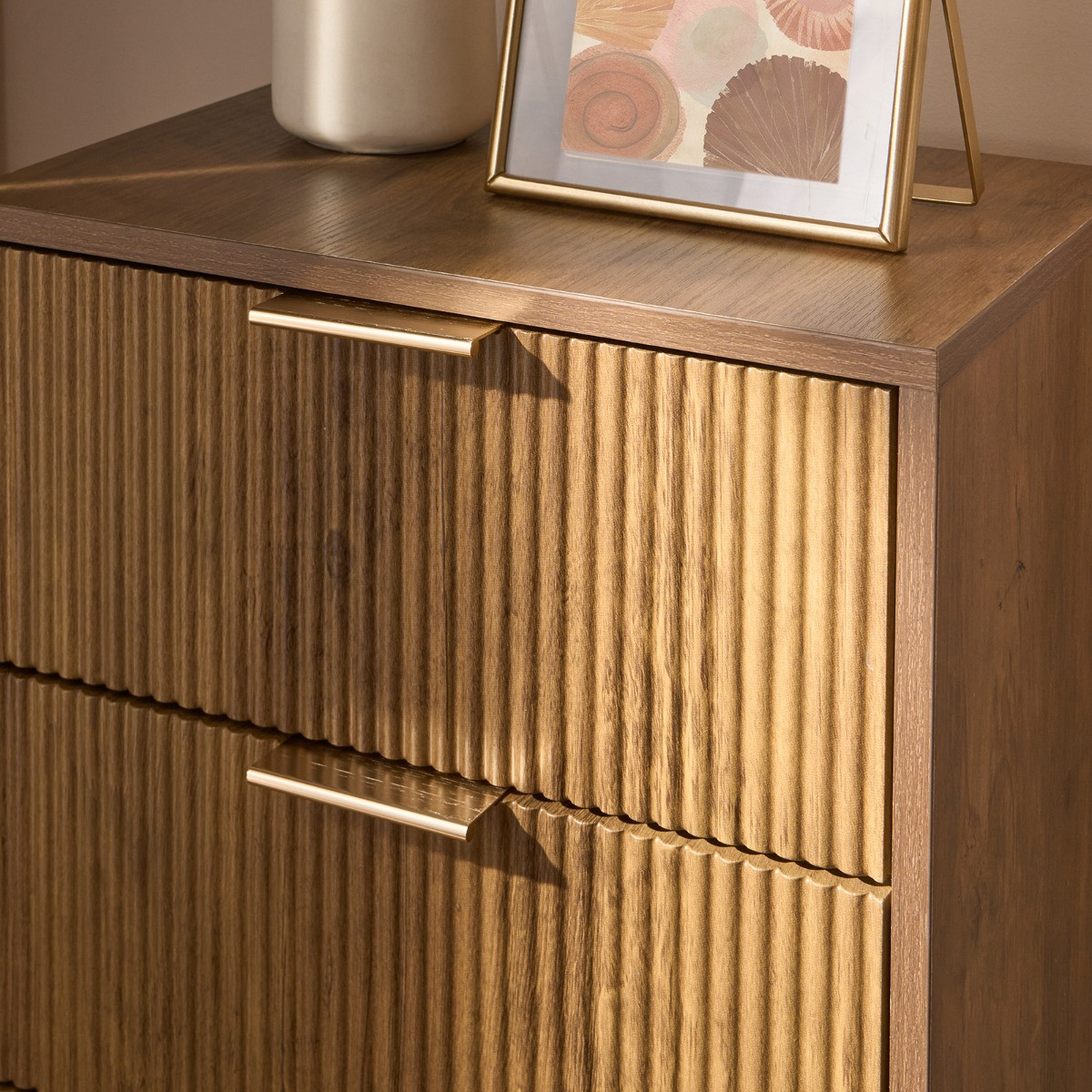 OHS Ribbed 3-Drawer Bedside Table - Dark Wood>