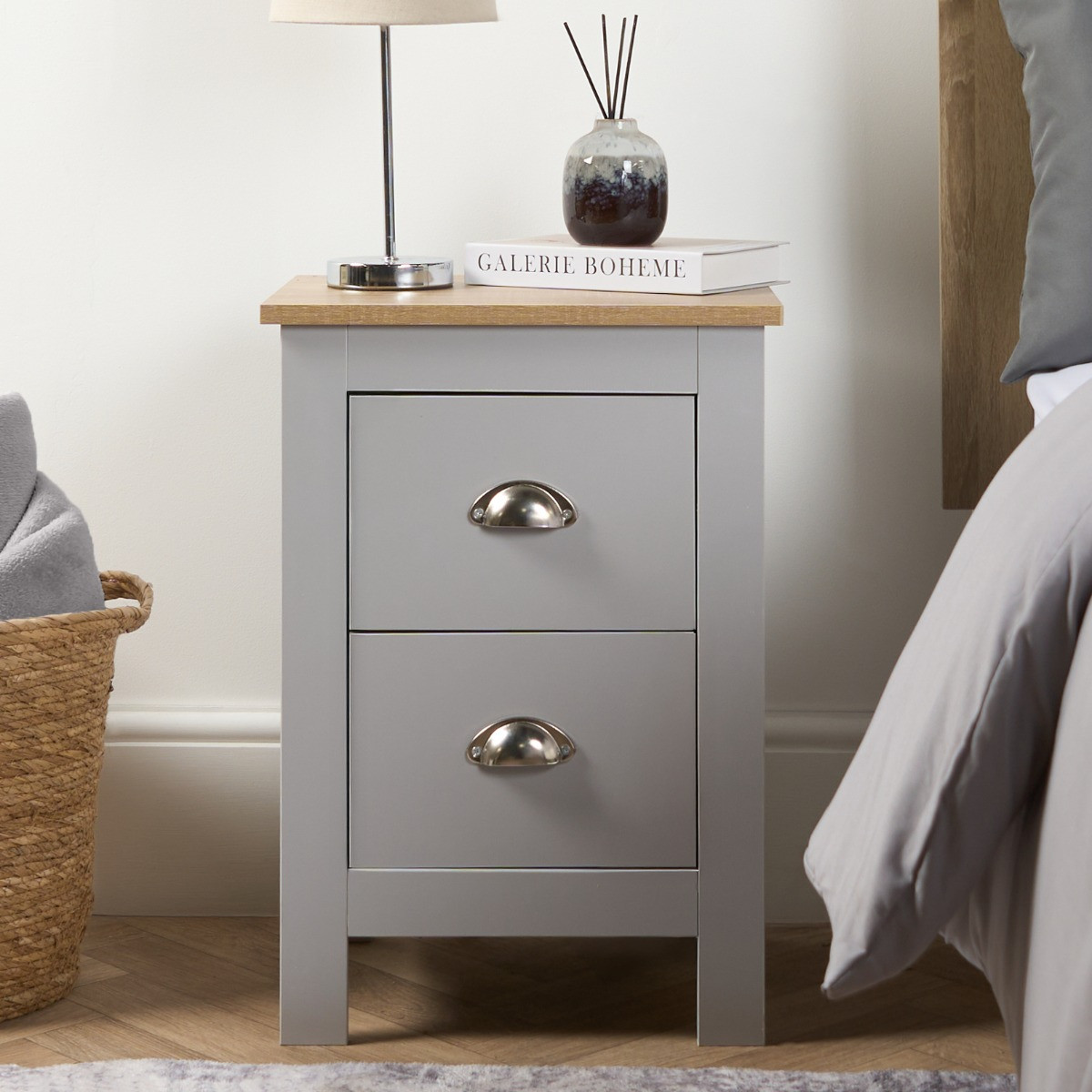 OHS Chicago 2 Drawer Bedside Table - Grey>
