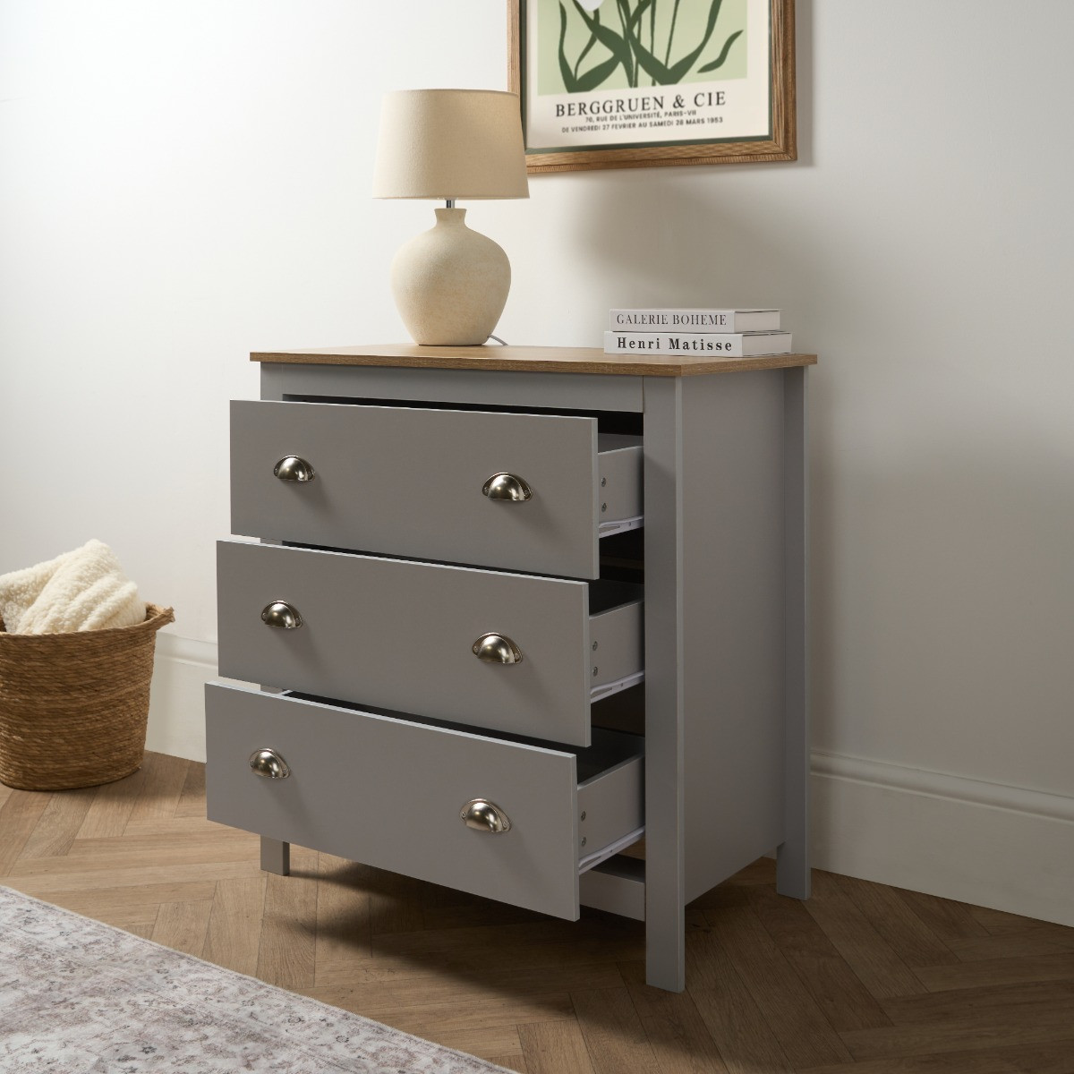 OHS Chicago 3 Drawer Bedside Table - Grey>