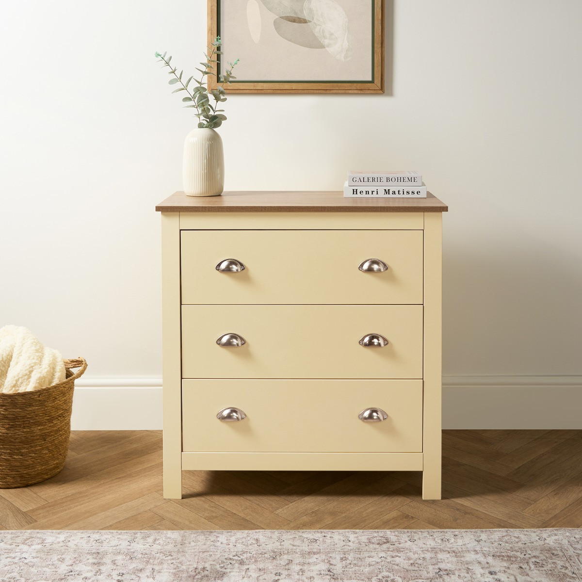 OHS Chicago 3 Drawer Bedside Table - Cream>