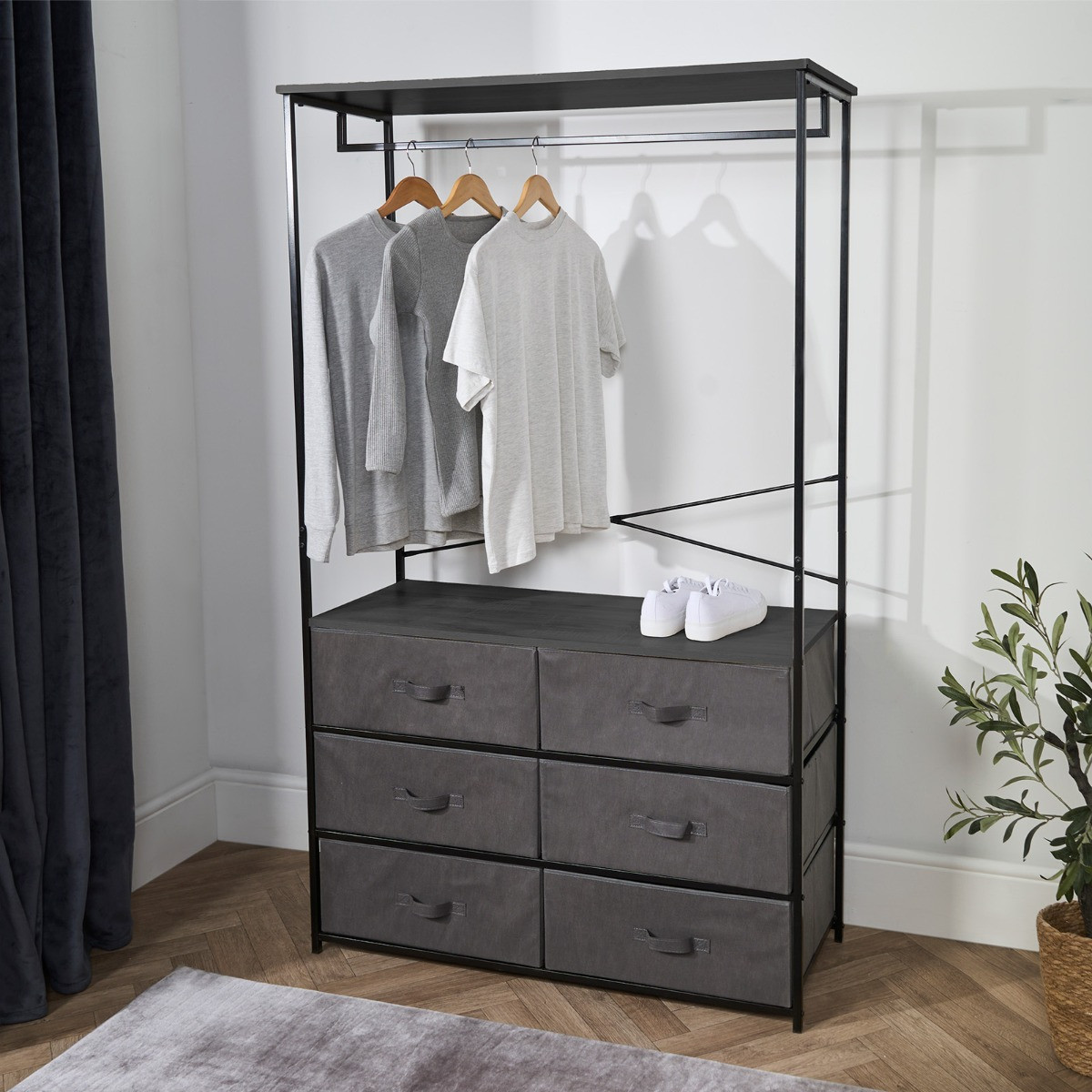 OHS Brooklyn 6 Drawer Fabric Cabinet with Hanging Rail - Grey>