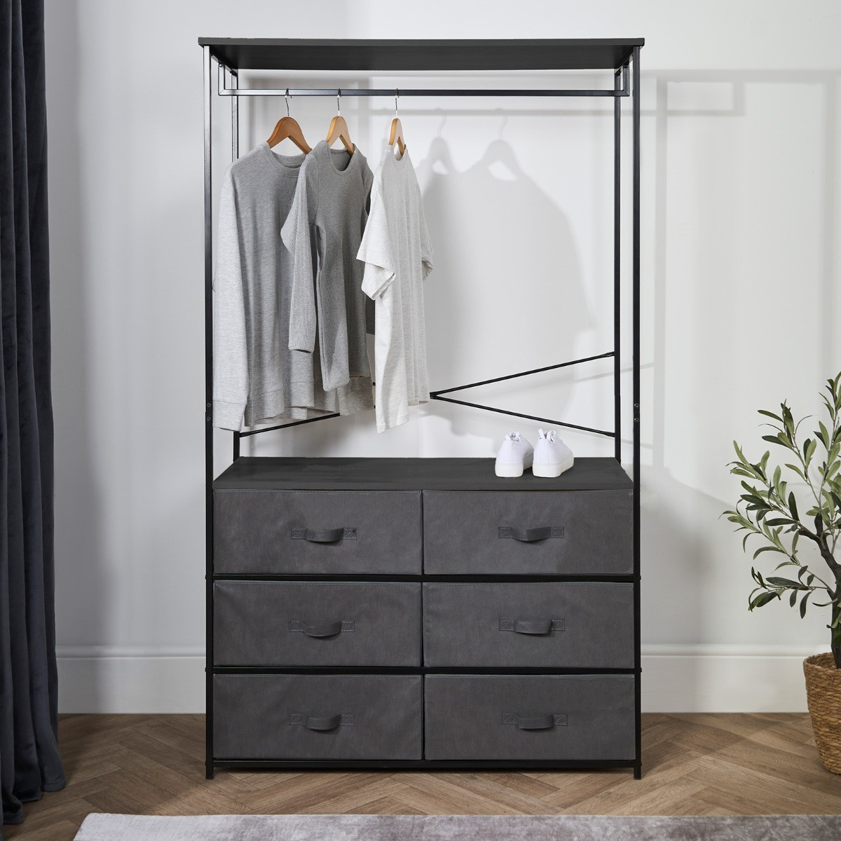 OHS Brooklyn 6 Drawer Fabric Cabinet with Hanging Rail - Grey>