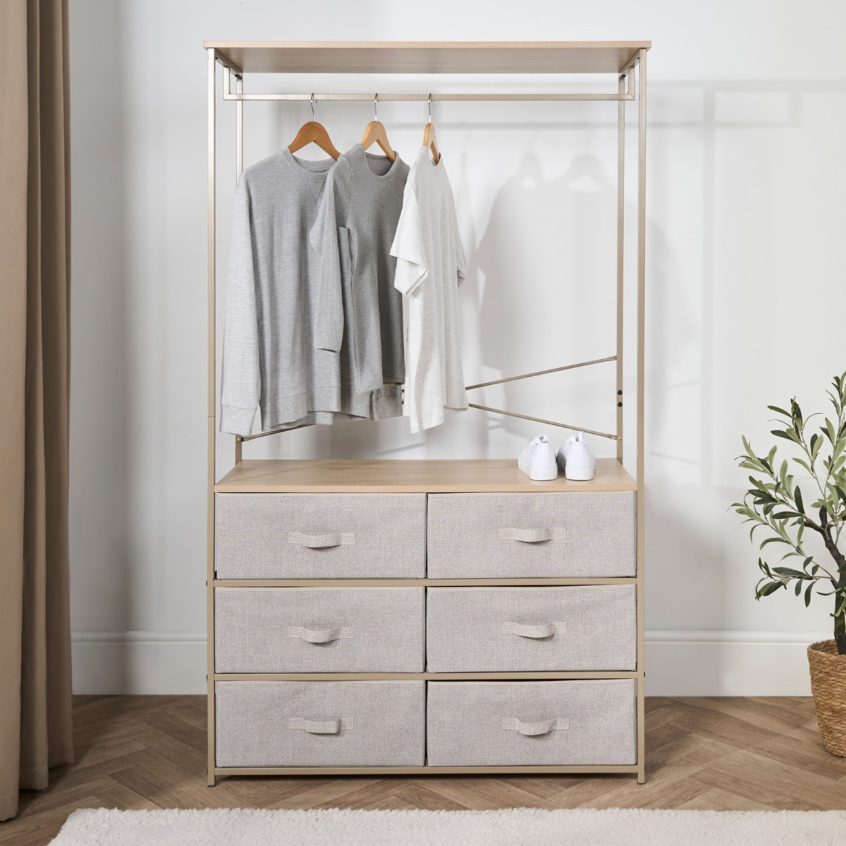 OHS Brooklyn 6 Drawer Fabric Cabinet with Hanging Rail - Beige>