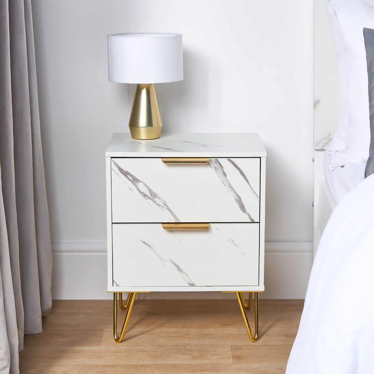 OHS Marble Effect 2 Drawers Bedside Table - White>