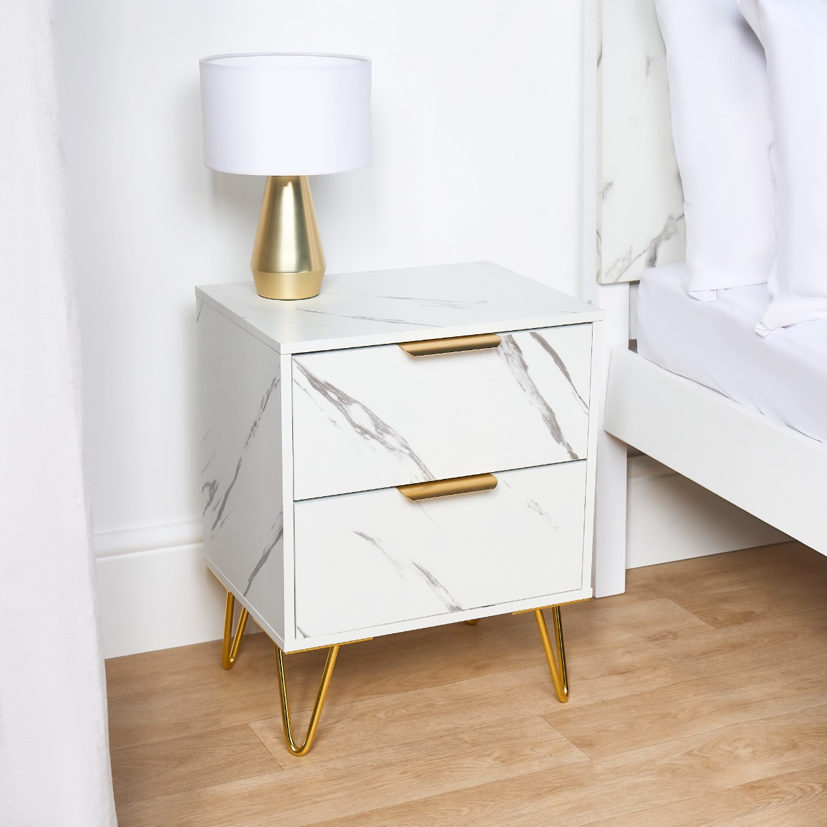 OHS Marble Effect 2 Drawers Bedside Table - White>