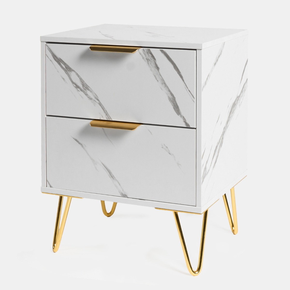 OHS Marble Effect 2 Drawers Bedside Table - White>
